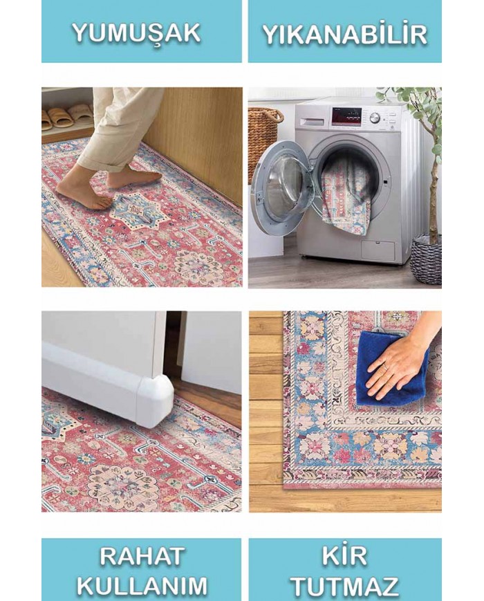 Blue Rosso Eskitme Desenli Pamuk Tabanlı Yıkanabilen Kaydırmaz Antibakteriyel Şönil Salon Halısı