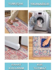 Blue Rosso Eskitme Desenli Pamuk Tabanlı Yıkanabilen Kaydırmaz Antibakteriyel Şönil Salon Halısı