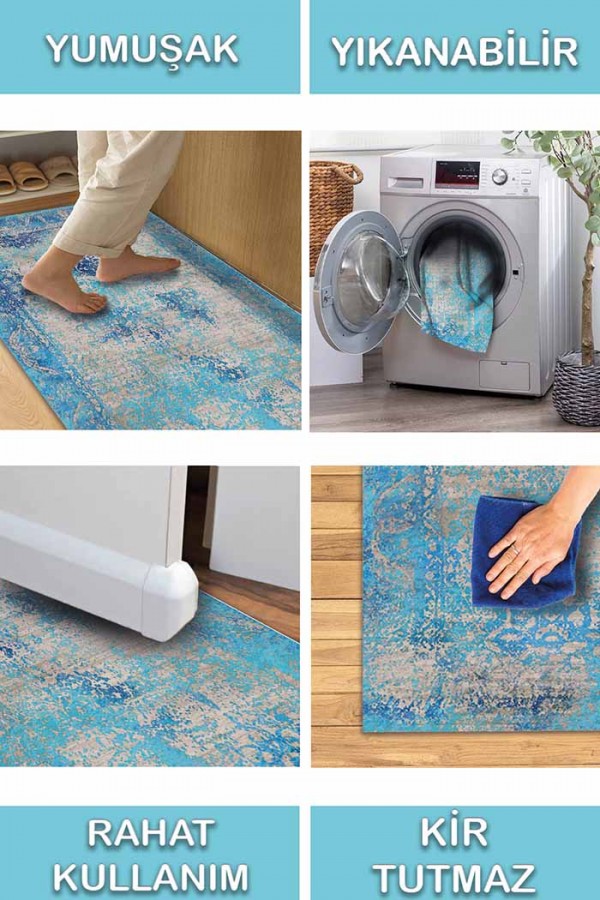 Belissa Desenli Pamuk Tabanlı Yıkanabilen Kaydırmaz Antibakteriyel Şönil Salon Halısı