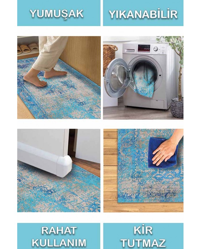 Belissa Desenli Pamuk Tabanlı Yıkanabilen Kaydırmaz Antibakteriyel Şönil Salon Halısı