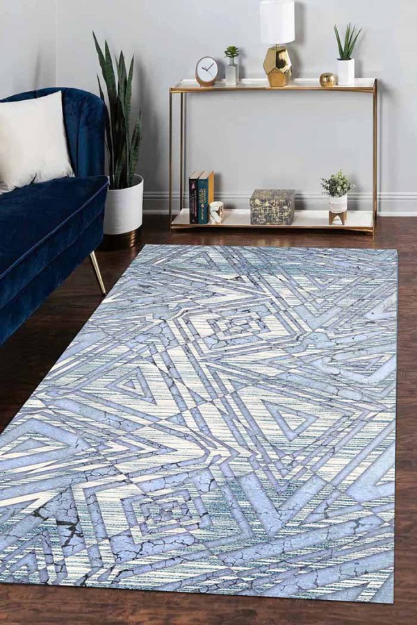 Bluestry Geometrik Desenli Pamuk Tabanlı Yıkanabilen Kaydırmaz Antibakteriyel Şönil Salon Halısı