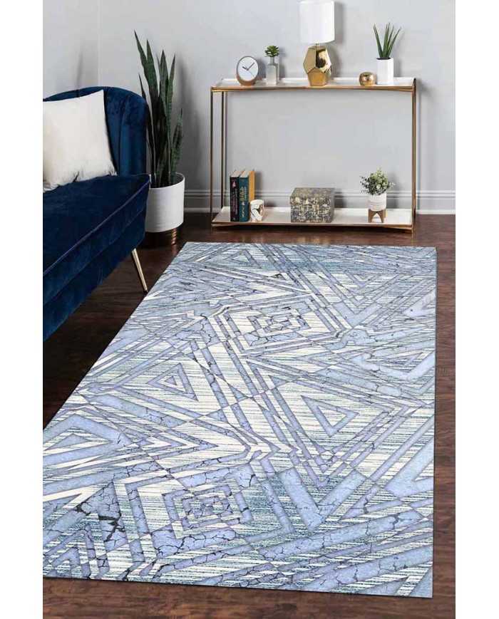 Bluestry Geometrik Desenli Pamuk Tabanlı Yıkanabilen Kaydırmaz Antibakteriyel Şönil Salon Halısı