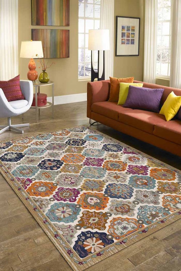 Boris Desenli Pamuk Tabanlı Yıkanabilen Kaydırmaz Antibakteriyel Şönil Salon Halısı