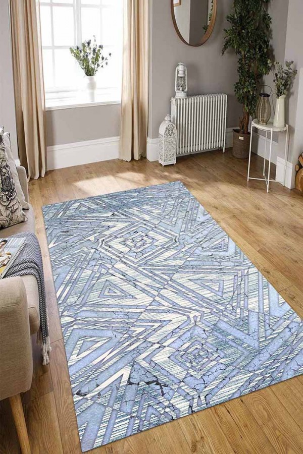 Bluestry Geometrik Desenli Pamuk Tabanlı Yıkanabilen Kaydırmaz Antibakteriyel Şönil Salon Halısı