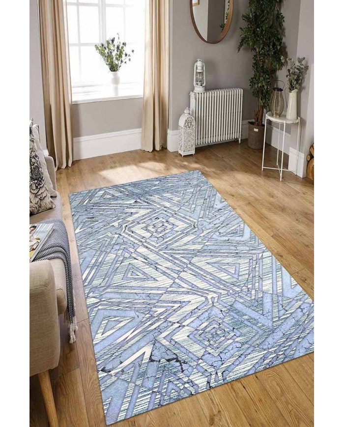 Bluestry Geometrik Desenli Pamuk Tabanlı Yıkanabilen Kaydırmaz Antibakteriyel Şönil Salon Halısı