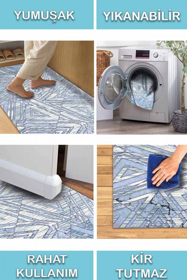 Bluestry Geometrik Desenli Pamuk Tabanlı Yıkanabilen Kaydırmaz Antibakteriyel Şönil Salon Halısı