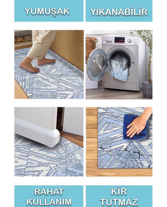 Bluestry Geometrik Desenli Pamuk Tabanlı Yıkanabilen Kaydırmaz Antibakteriyel Şönil Salon Halısı