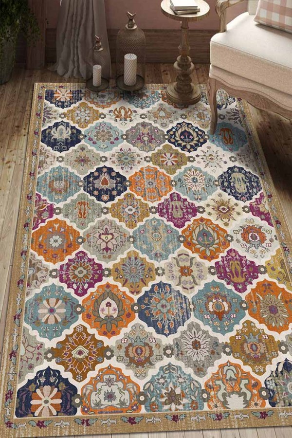 Boris Desenli Pamuk Tabanlı Yıkanabilen Kaydırmaz Antibakteriyel Şönil Salon Halısı