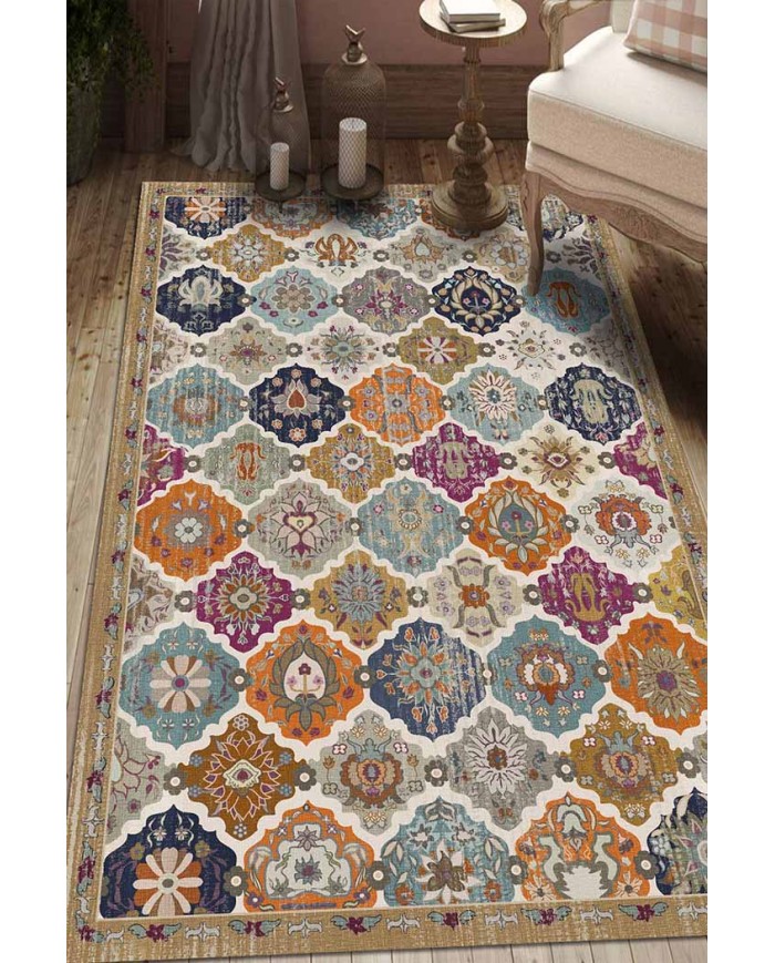 Boris Desenli Pamuk Tabanlı Yıkanabilen Kaydırmaz Antibakteriyel Şönil Salon Halısı