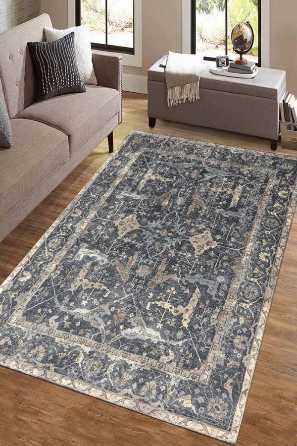 Brook Desenli Pamuk Tabanlı Yıkanabilen Kaydırmaz Antibakteriyel Şönil Salon Halısı