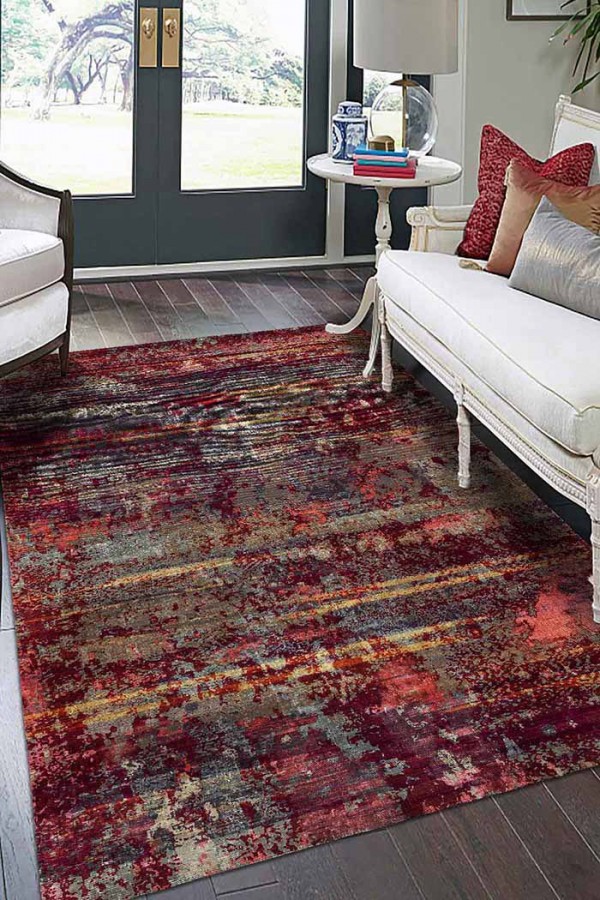 Bush Renkli Desenli Pamuk Tabanlı Yıkanabilen Kaydırmaz Antibakteriyel Şönil Salon Halısı