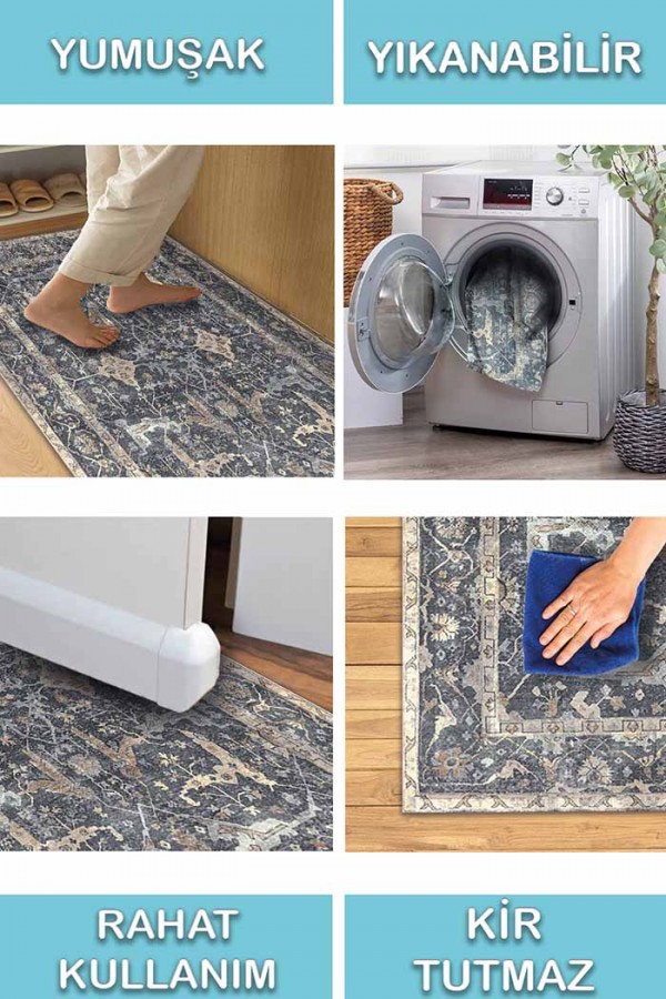 Brook Desenli Pamuk Tabanlı Yıkanabilen Kaydırmaz Antibakteriyel Şönil Salon Halısı