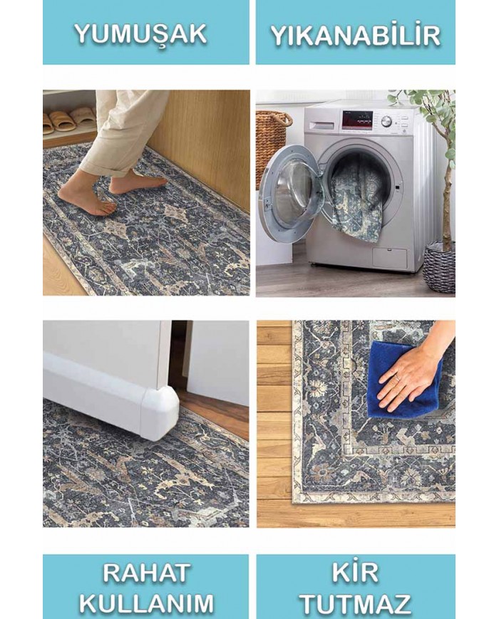 Brook Desenli Pamuk Tabanlı Yıkanabilen Kaydırmaz Antibakteriyel Şönil Salon Halısı