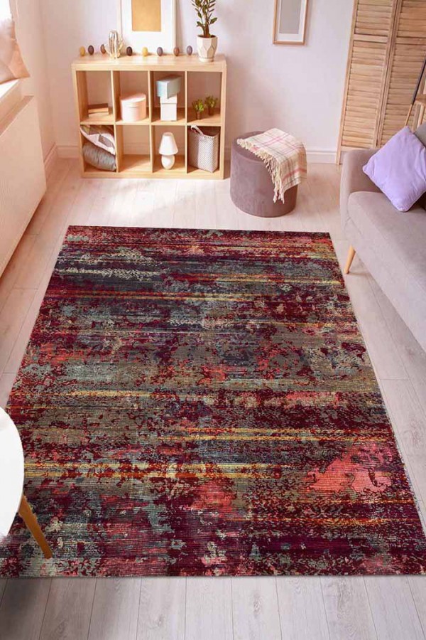 Bush Renkli Desenli Pamuk Tabanlı Yıkanabilen Kaydırmaz Antibakteriyel Şönil Salon Halısı