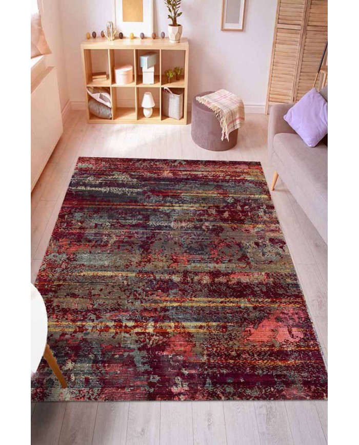 Bush Renkli Desenli Pamuk Tabanlı Yıkanabilen Kaydırmaz Antibakteriyel Şönil Salon Halısı