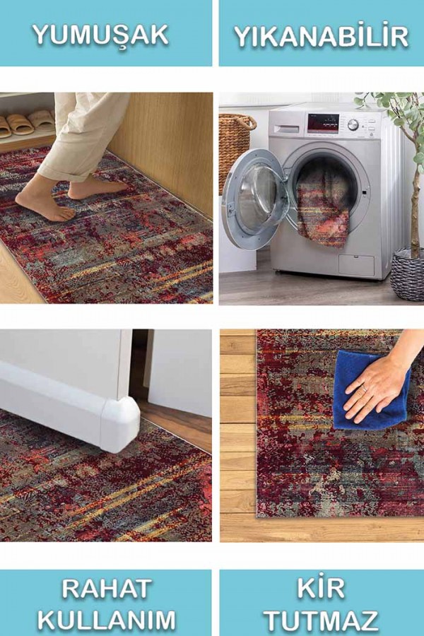 Bush Renkli Desenli Pamuk Tabanlı Yıkanabilen Kaydırmaz Antibakteriyel Şönil Salon Halısı