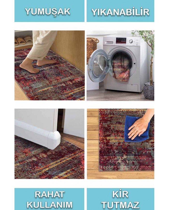 Bush Renkli Desenli Pamuk Tabanlı Yıkanabilen Kaydırmaz Antibakteriyel Şönil Salon Halısı