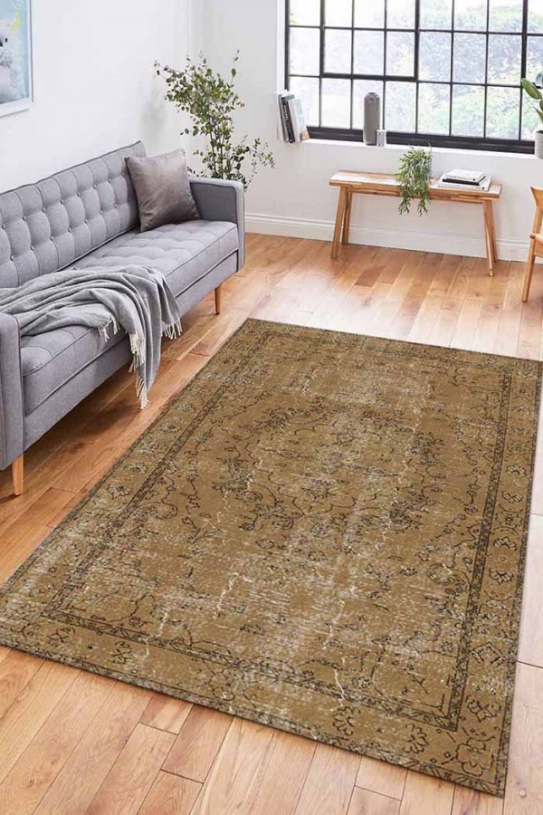 Caffee Eskitme Desenli Pamuk Tabanlı Yıkanabilen Kaydırmaz Antibakteriyel Şönil Salon Halısı