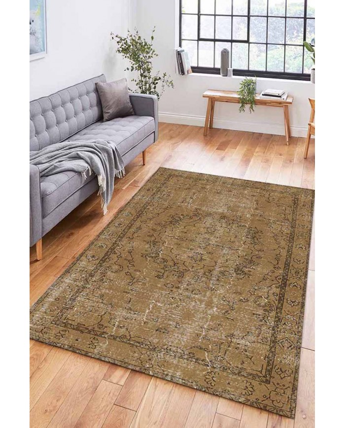 Caffee Eskitme Desenli Pamuk Tabanlı Yıkanabilen Kaydırmaz Antibakteriyel Şönil Salon Halısı