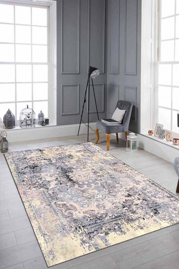 Cardamom Eskitme Desenli Pamuk Tabanlı Yıkanabilen Kaydırmaz Antibakteriyel Şönil Salon Halısı