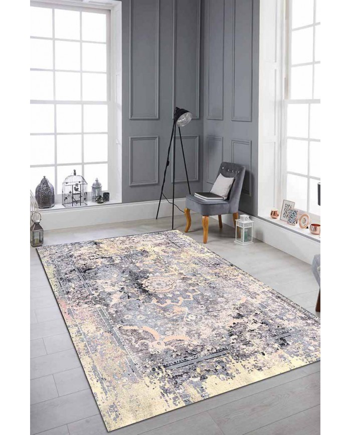 Cardamom Eskitme Desenli Pamuk Tabanlı Yıkanabilen Kaydırmaz Antibakteriyel Şönil Salon Halısı