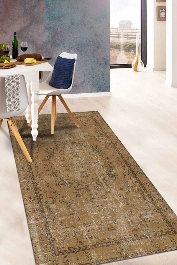 Caffee Eskitme Desenli Pamuk Tabanlı Yıkanabilen Kaydırmaz Antibakteriyel Şönil Salon Halısı