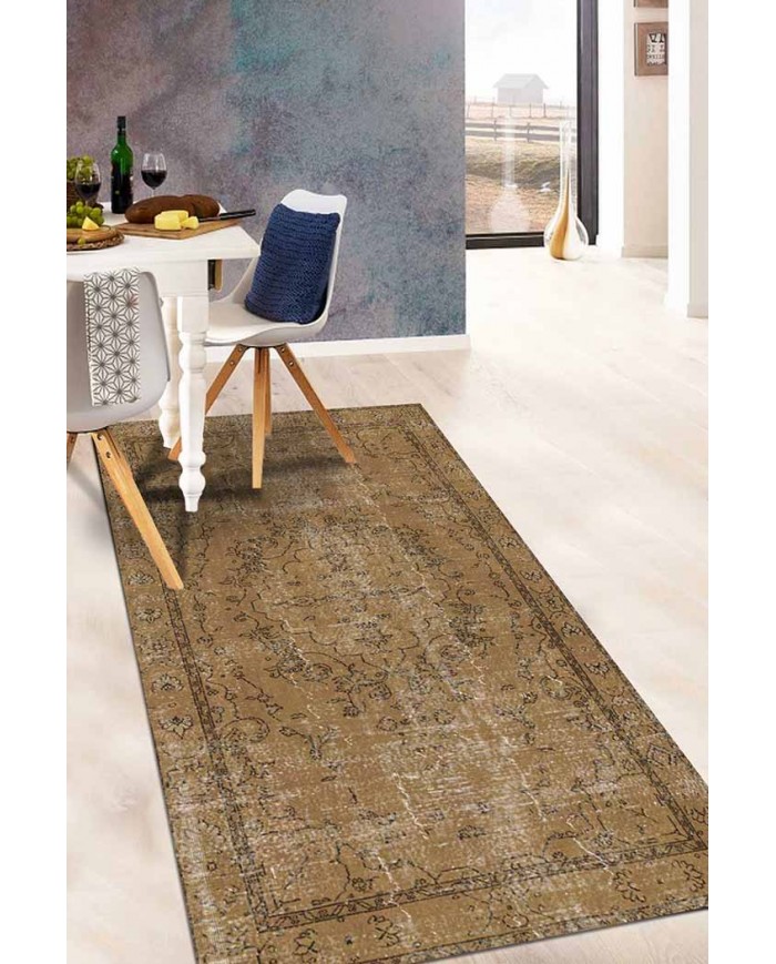 Caffee Eskitme Desenli Pamuk Tabanlı Yıkanabilen Kaydırmaz Antibakteriyel Şönil Salon Halısı