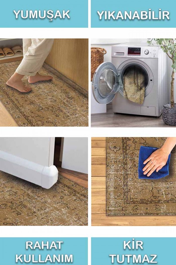 Caffee Eskitme Desenli Pamuk Tabanlı Yıkanabilen Kaydırmaz Antibakteriyel Şönil Salon Halısı