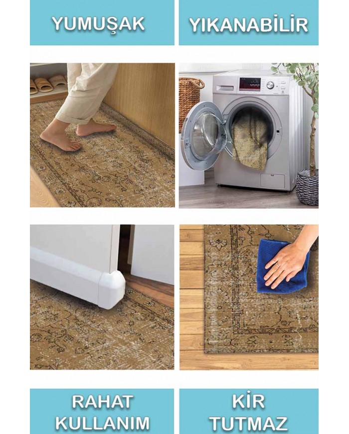 Caffee Eskitme Desenli Pamuk Tabanlı Yıkanabilen Kaydırmaz Antibakteriyel Şönil Salon Halısı