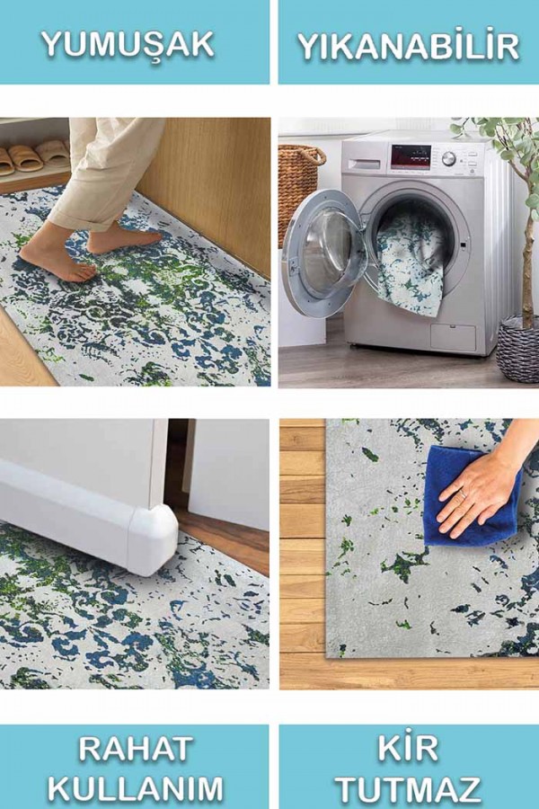Camelia Eskitme Desenli Pamuk Tabanlı Yıkanabilen Kaydırmaz Antibakteriyel Şönil Salon Halısı