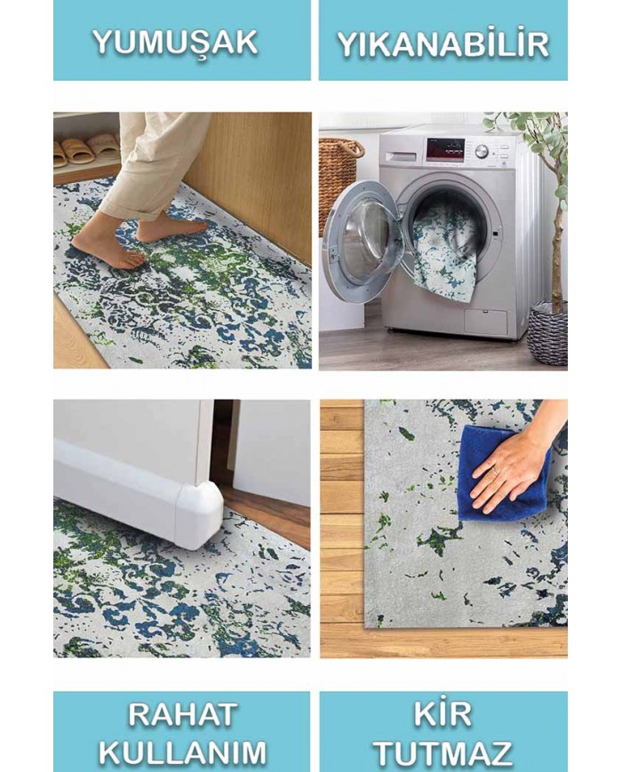 Camelia Eskitme Desenli Pamuk Tabanlı Yıkanabilen Kaydırmaz Antibakteriyel Şönil Salon Halısı