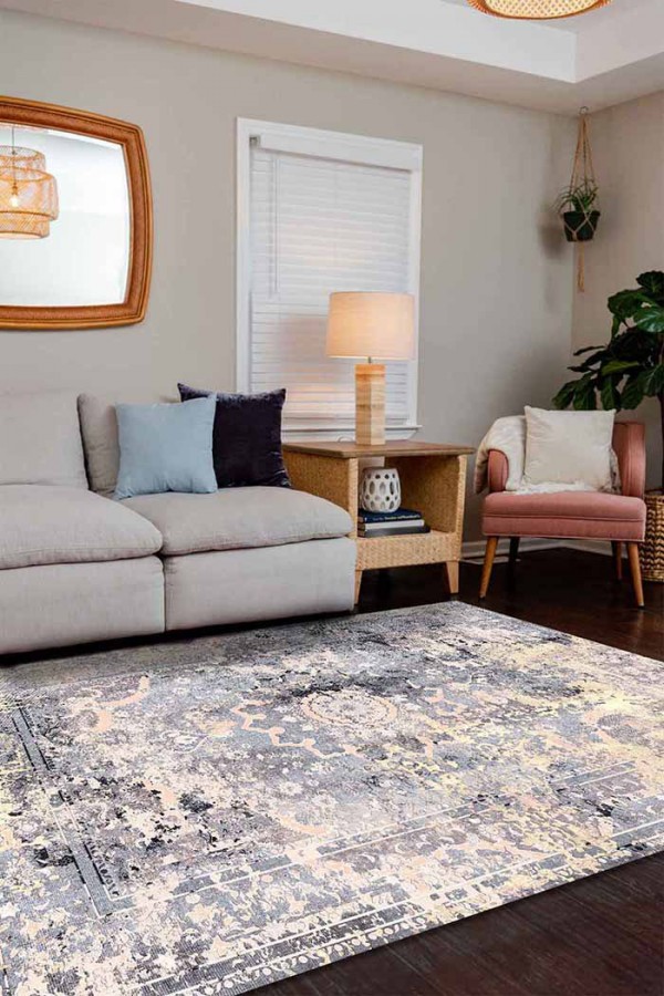 Cardamom Eskitme Desenli Pamuk Tabanlı Yıkanabilen Kaydırmaz Antibakteriyel Şönil Salon Halısı