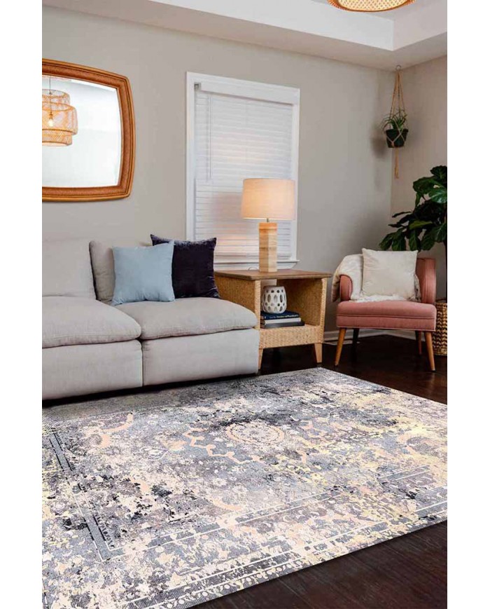 Cardamom Eskitme Desenli Pamuk Tabanlı Yıkanabilen Kaydırmaz Antibakteriyel Şönil Salon Halısı