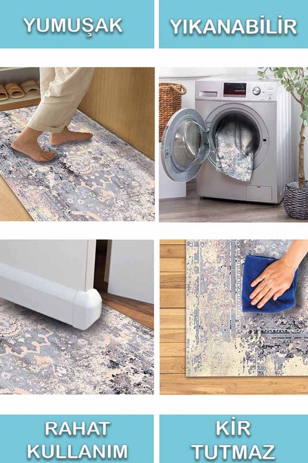 Cardamom Eskitme Desenli Pamuk Tabanlı Yıkanabilen Kaydırmaz Antibakteriyel Şönil Salon Halısı