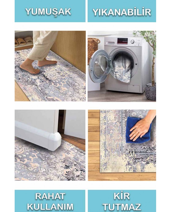 Cardamom Eskitme Desenli Pamuk Tabanlı Yıkanabilen Kaydırmaz Antibakteriyel Şönil Salon Halısı