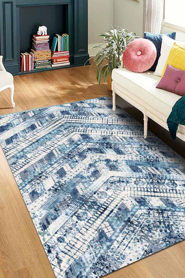 Cary Geometrik Desenli Pamuk Tabanlı Yıkanabilen Kaydırmaz Antibakteriyel Şönil Salon Halısı