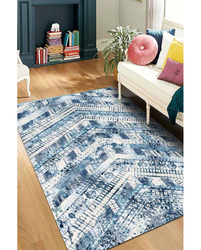 Cary Geometrik Desenli Pamuk Tabanlı Yıkanabilen Kaydırmaz Antibakteriyel Şönil Salon Halısı