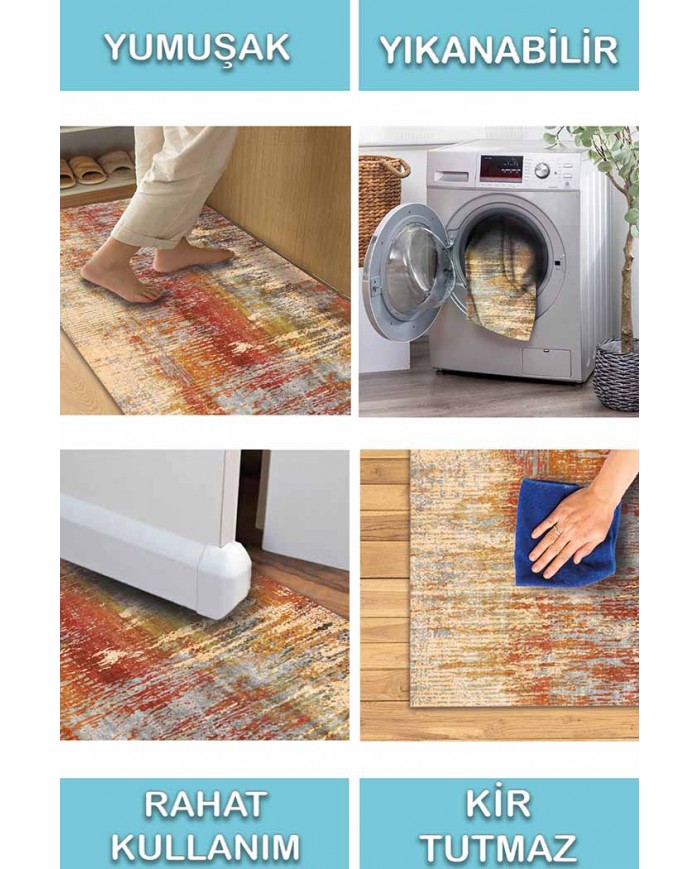Carnig Desenli Pamuk Tabanlı Yıkanabilen Kaydırmaz Antibakteriyel Şönil Salon Halısı