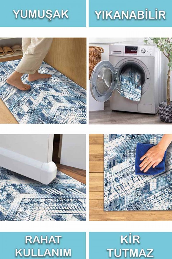 Cary Geometrik Desenli Pamuk Tabanlı Yıkanabilen Kaydırmaz Antibakteriyel Şönil Salon Halısı