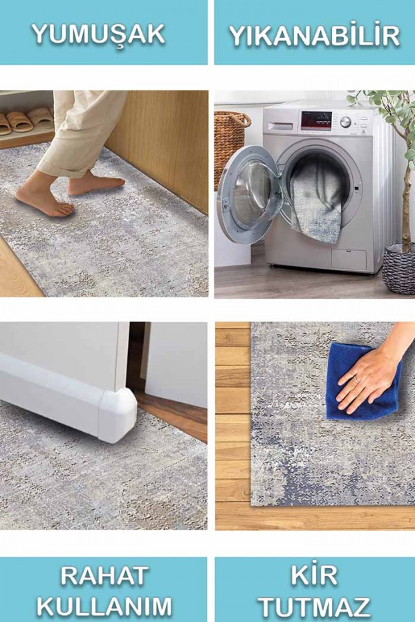 Casares Desenli Pamuk Tabanlı Yıkanabilen Kaydırmaz Antibakteriyel Şönil Salon Halısı