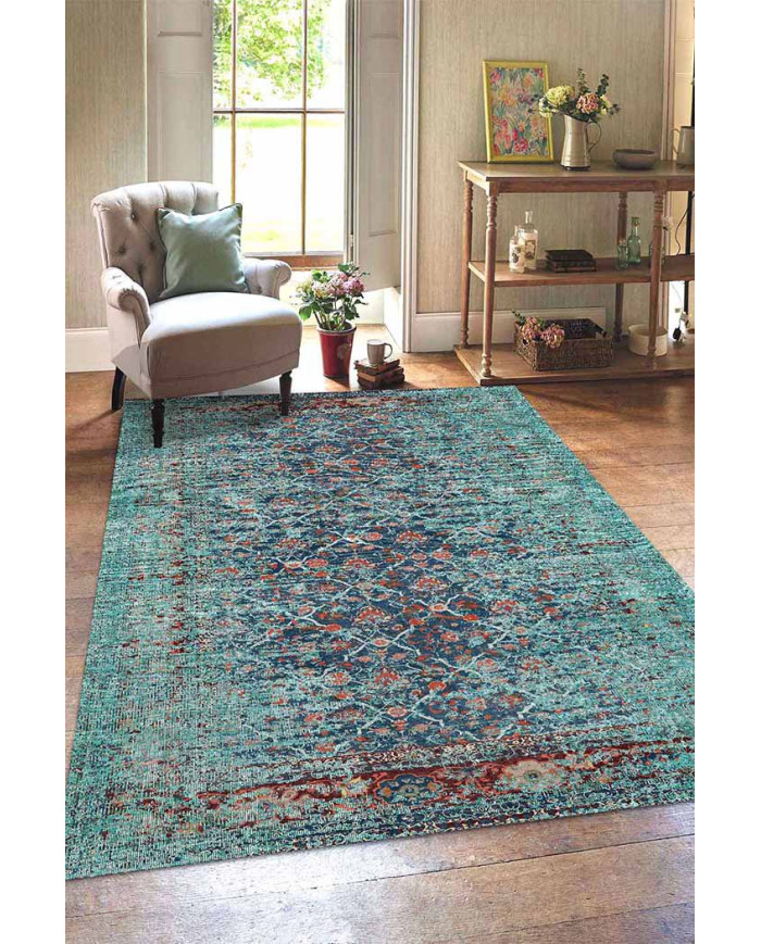 Celery Eskitme Desenli Pamuk Tabanlı Yıkanabilen Kaydırmaz Antibakteriyel Şönil Salon Halısı