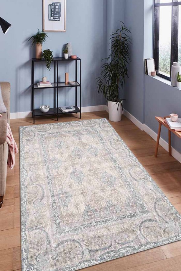 ColorBowie Desenli Pamuk Tabanlı Yıkanabilen Kaydırmaz Antibakteriyel Şönil Salon Halısı