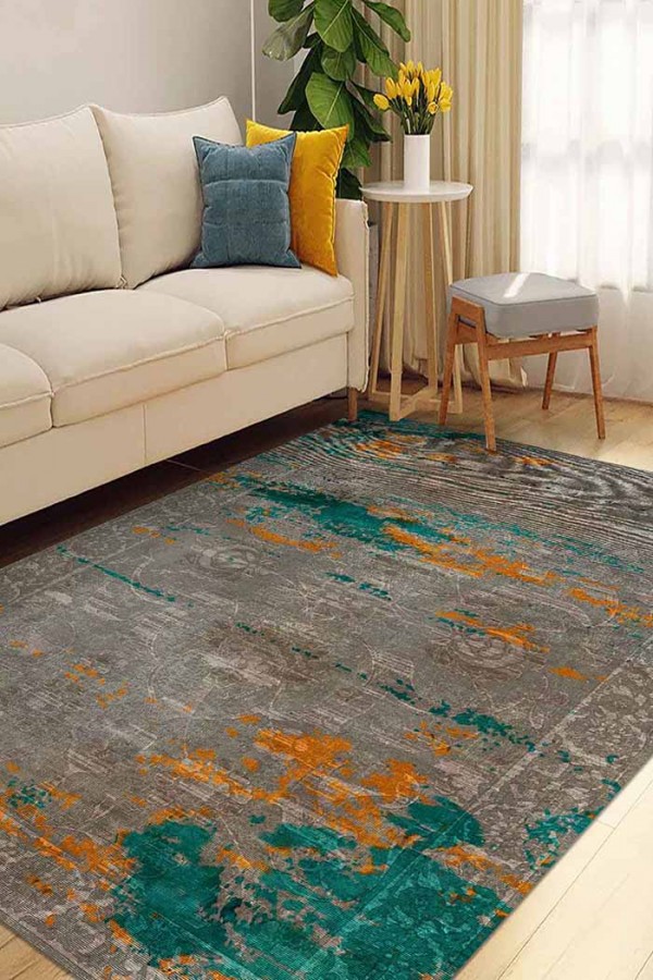 Casey Desenli Pamuk Tabanlı Yıkanabilen Kaydırmaz Antibakteriyel Şönil Salon Halısı