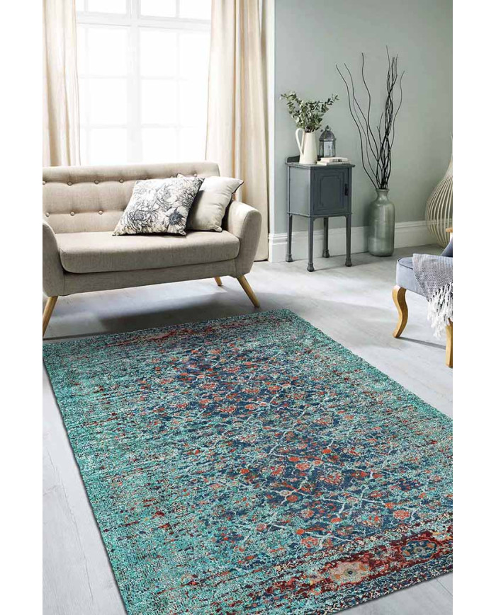 Celery Eskitme Desenli Pamuk Tabanlı Yıkanabilen Kaydırmaz Antibakteriyel Şönil Salon Halısı