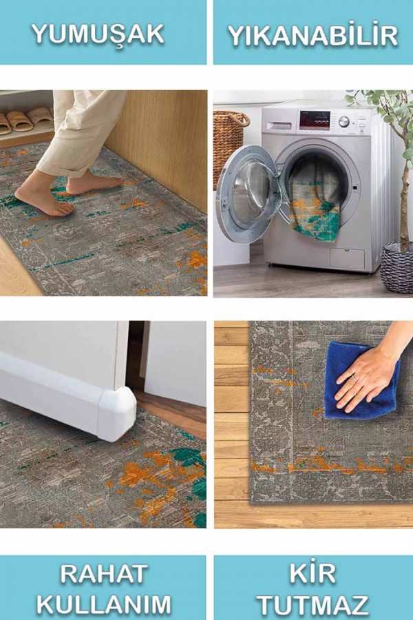 Casey Desenli Pamuk Tabanlı Yıkanabilen Kaydırmaz Antibakteriyel Şönil Salon Halısı