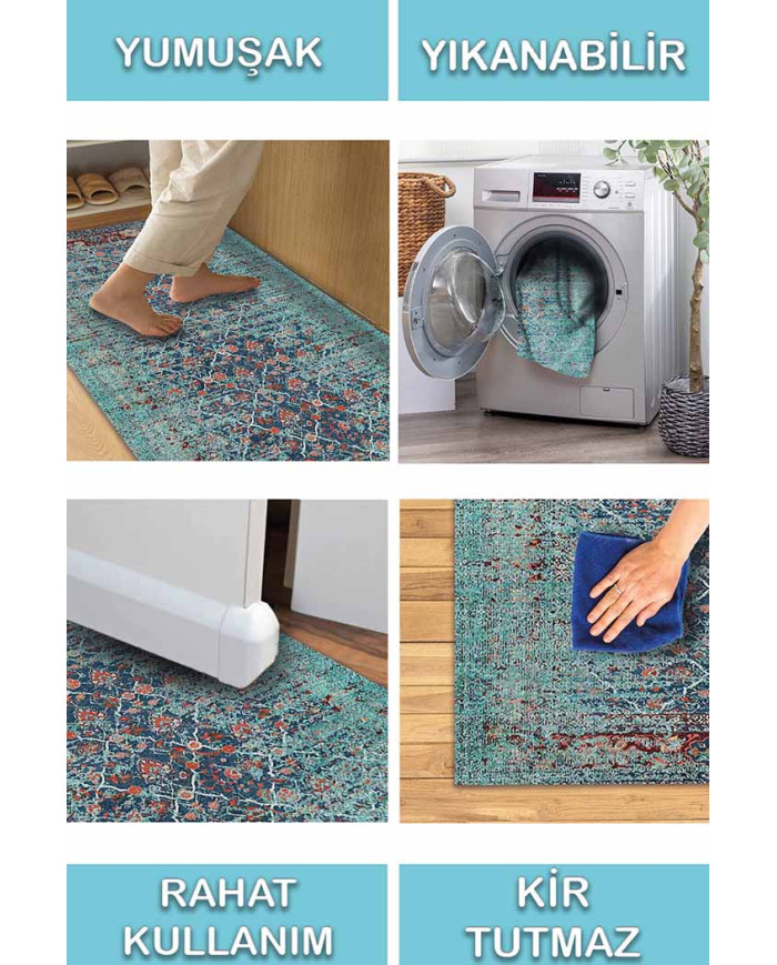 Celery Eskitme Desenli Pamuk Tabanlı Yıkanabilen Kaydırmaz Antibakteriyel Şönil Salon Halısı