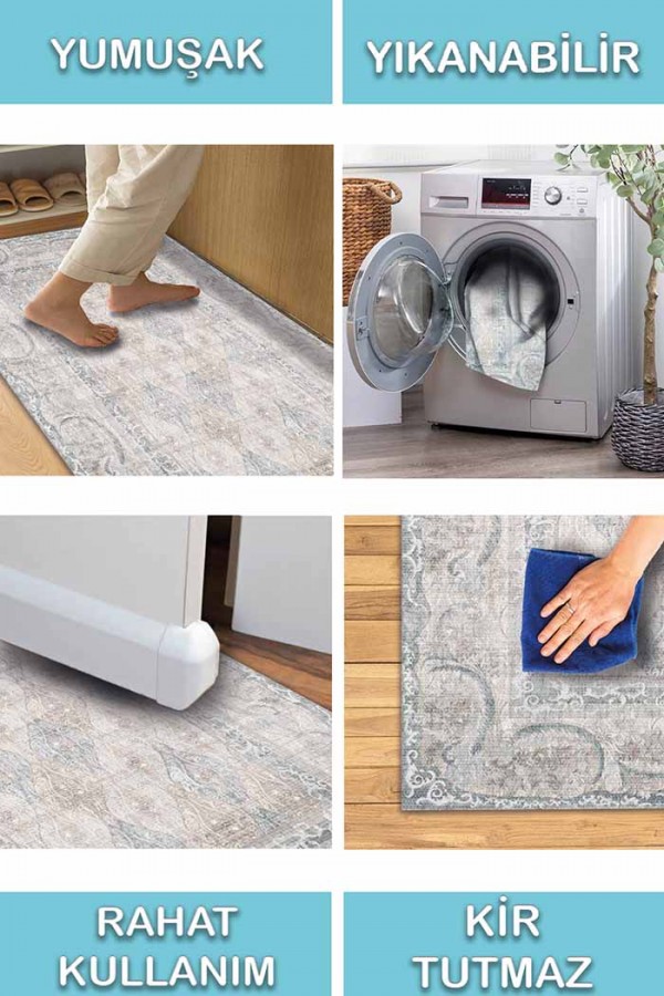 ColorBowie Desenli Pamuk Tabanlı Yıkanabilen Kaydırmaz Antibakteriyel Şönil Salon Halısı