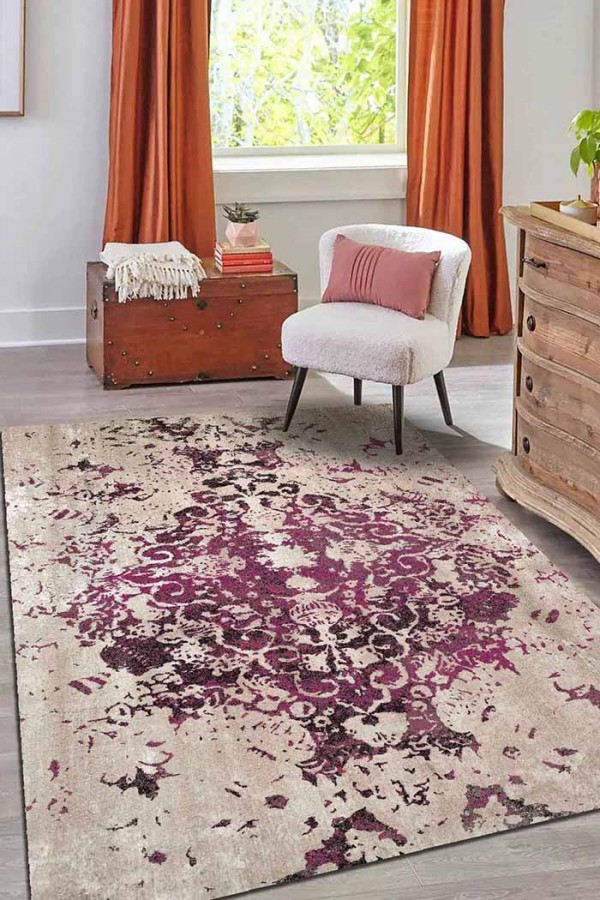 Deasy Eskitme Desenli Pamuk Tabanlı Yıkanabilen Kaydırmaz Antibakteriyel Şönil Salon Halısı