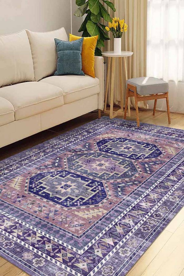 Darlen Desenli Pamuk Tabanlı Yıkanabilen Kaydırmaz Antibakteriyel Şönil Salon Halısı