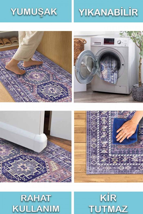 Darlen Desenli Pamuk Tabanlı Yıkanabilen Kaydırmaz Antibakteriyel Şönil Salon Halısı